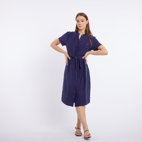 Robe mi longue a manches courtes col rond patte de boutonnage ceinture a nouer coupe classique cisse bleu marine Artlove La Redoute