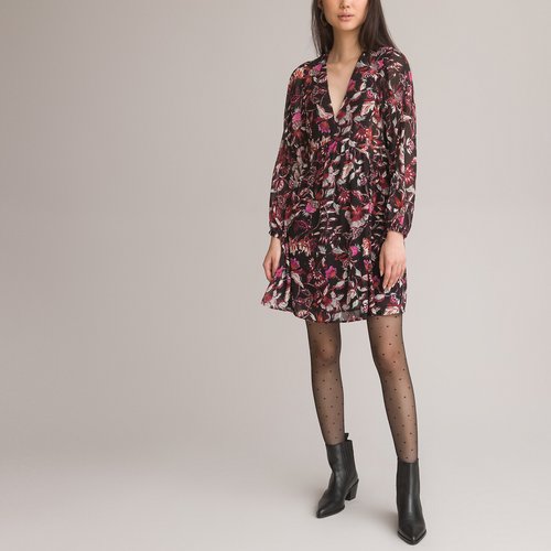 Robe courte encolure v manches longues imprimee La Redoute Collections imprime fleurs fond noir La Redoute