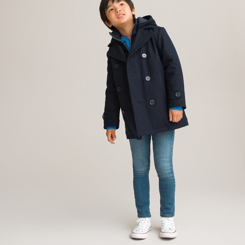 Warm pea coat in wool mix with hood navy La Redoute Collections La Redoute