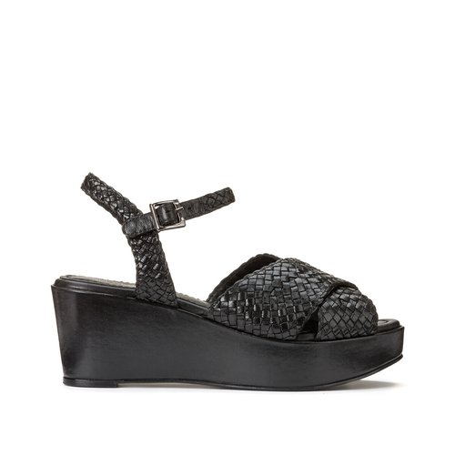 Sandales en cuir talon compense noir Anne Weyburn La Redoute