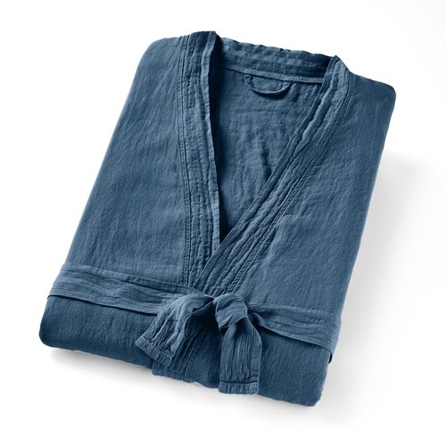 Zatina kimono style 100 linen robe prussian blue La Redoute Interieurs La Redoute