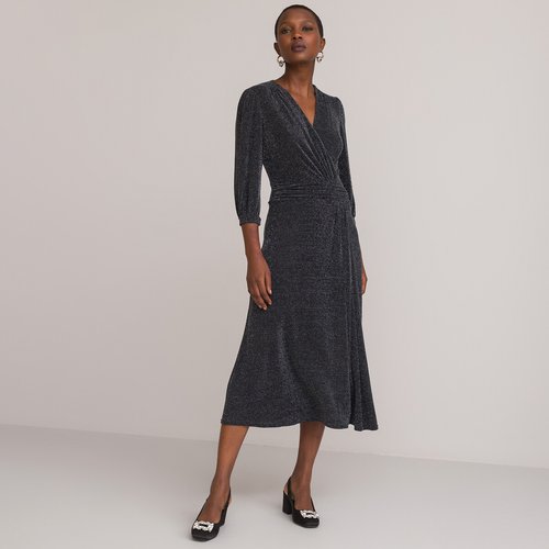 V neck midi dress with long sleeves silver coloured Anne Weyburn La Redoute