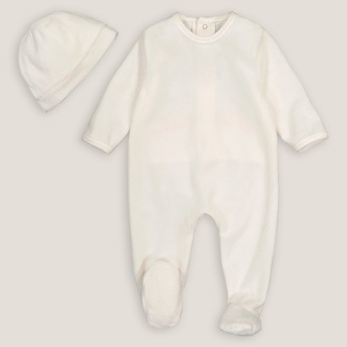 Pyjama 1 piece naissance en velours bonnet ecru La Redoute Collections La Redoute