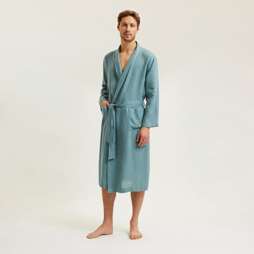 Peignoir long col chale en lin andros bleu lave Laurence Tavernier La Redoute