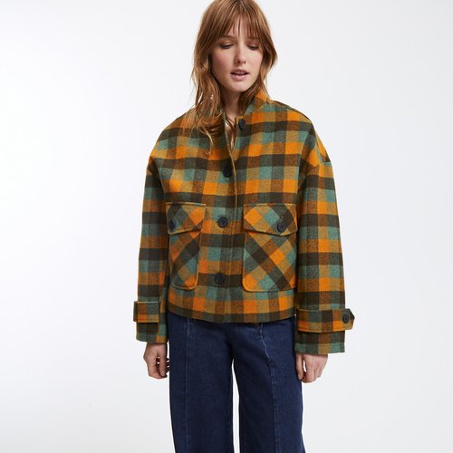 Checked short buttoned coat blue checks yellow La Redoute Collections La Redoute