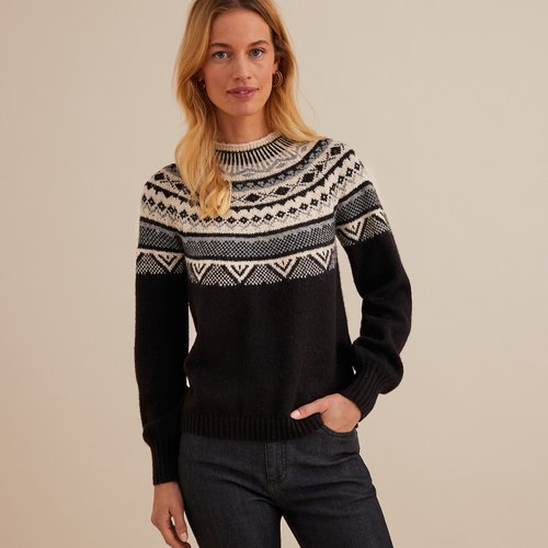 Pull jacquard col montant en grosse maille jacquard fond noir Anne Weyburn La Redoute