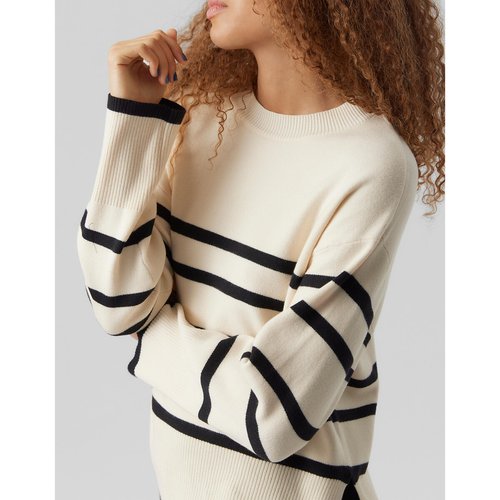 Striped crew neck jumper in fine knit, black/ecru striped