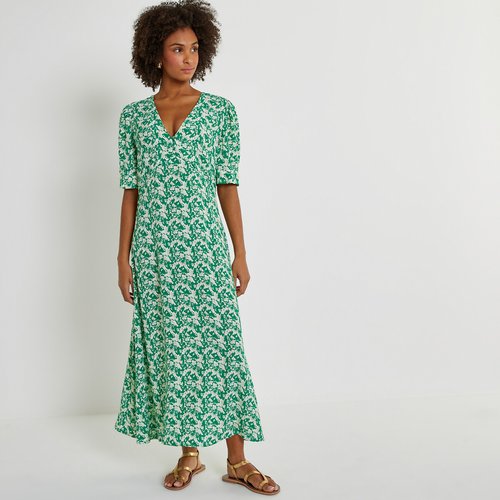 Robe longue evasee manches courtes ballons imprime fond vert La Redoute Collections La Redoute