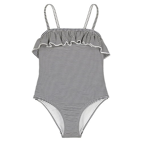 Maillot de bain 1 piece raye et a volant La Redoute Collections raye ecru marine La Redoute