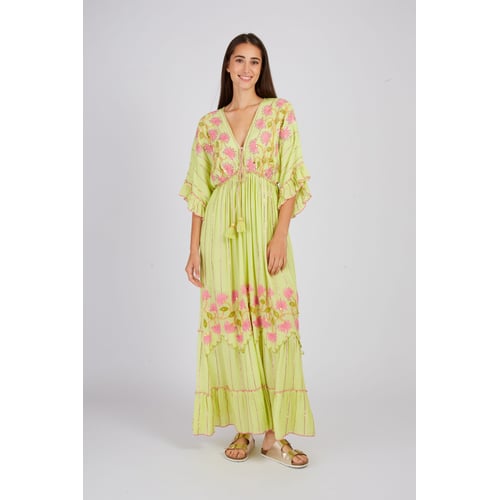 Robe D'été En Lin 100% Brodée - Marque René Derhy - Taille 38, Vert De Gris - Longueur 118 Cm - Comme Neuve