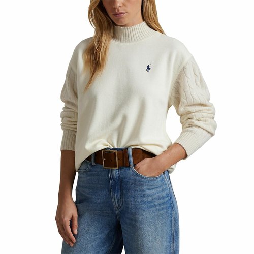 Cotton logo sweatshirt with cable knit sleeves and crew neck cream Polo Ralph Lauren La Redoute