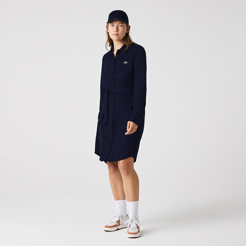 Cotton midi shirt dress with removable tie waist and buttons navy blue Lacoste La Redoute