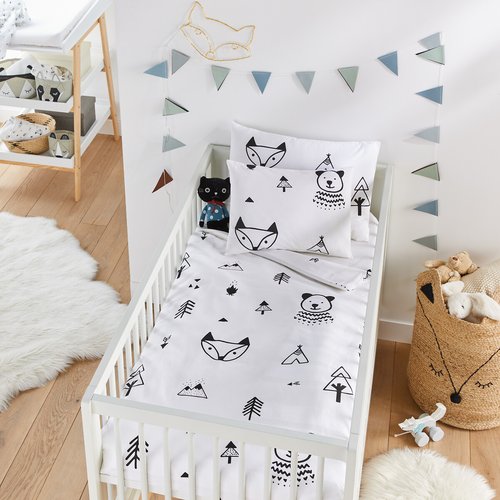 Forest camp animal 100 cotton cot duvet cover black white La Redoute Interieurs La Redoute