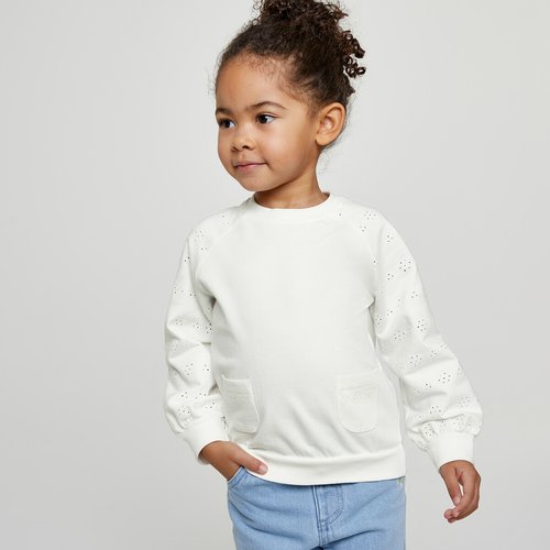 Broderie anglaise sweatshirt with crew neck in cotton mix white La Redoute Collections La Redoute