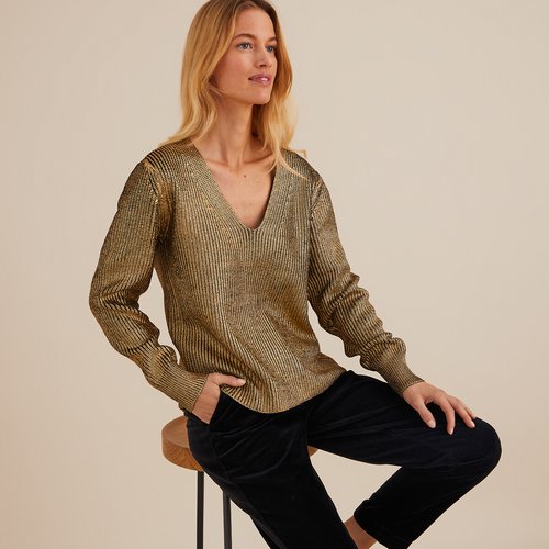 Sparkly chunky knit jumper sweater in cotton mix with v neck gold coloured Anne Weyburn La Redoute