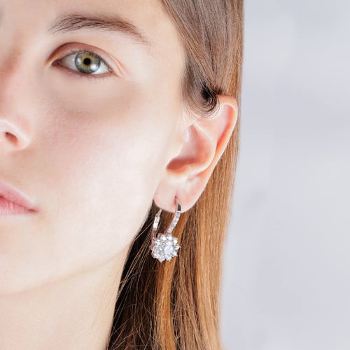 Boucles D'oreilles Argent 925 Avec Rosettes Filigranes - Pendantes, Cristal Swarovski