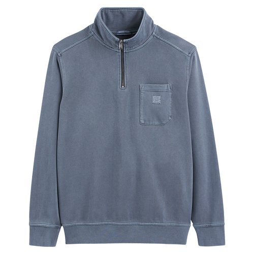 Washed Effect Sweatshirt in Cotton Mix with Quarter Zip
