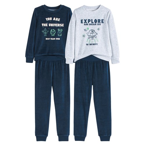 Pack of 2 pyjamas in velour slogan monsters print navy grey marl La Redoute Collections La Redoute