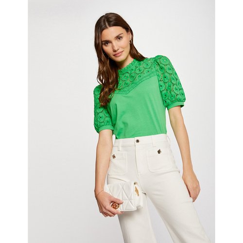 Embroidered Cotton T Shirt with Short Puff Sleeves