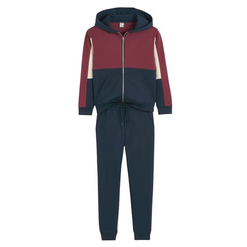 Zip up hoodie and joggers outfit in cotton mix burgundy navy blue La Redoute Collections La Redoute
