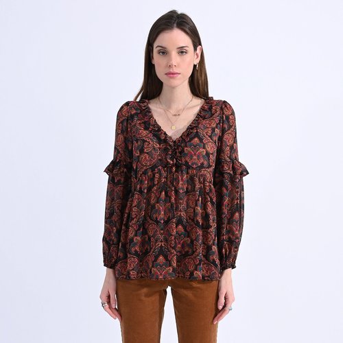 Blouse imprimee a volants imprime fond noir Molly Bracken La Redoute