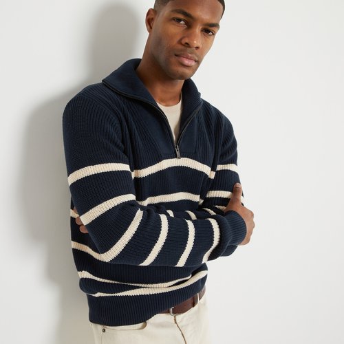 Striped cotton jumper sweater in fine knit with high neck navy ecru striped La Redoute Collections La Redoute