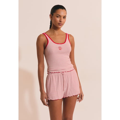 Lerrita Ensemble Pyjama Femme Y2K Short Rayé 2 Pièces - Caraco Sans Manches Ruché + Boxer Jambe Large, Tenue Lounge Tendance
