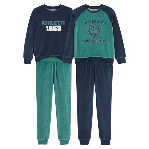 Pack of 2 pyjamas in varsity print velour green navy La Redoute Collections La Redoute