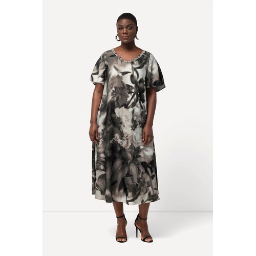 Robe midi a fleurs et strass. decollete en noir Ulla Popken La Redoute