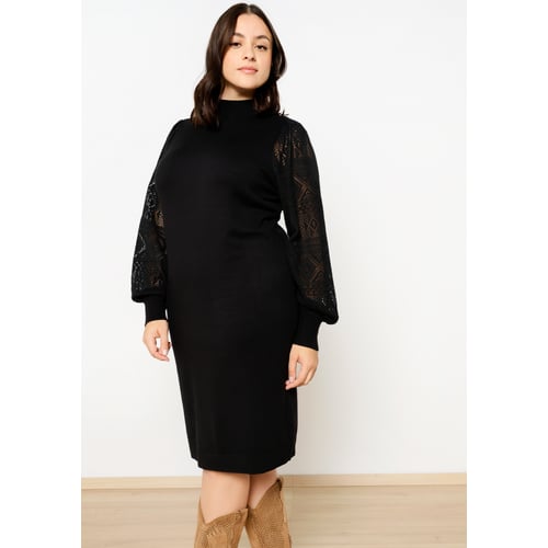 Robe Pull Tricot Femme Élégante Avec Bas Dentelle - Coupe Trapèze - Tissu Élastique - Robe D'Hiver Chaude