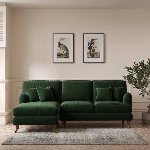 Emeline velvet corner chaise sofa with antique castor legs left facing So home La Redoute