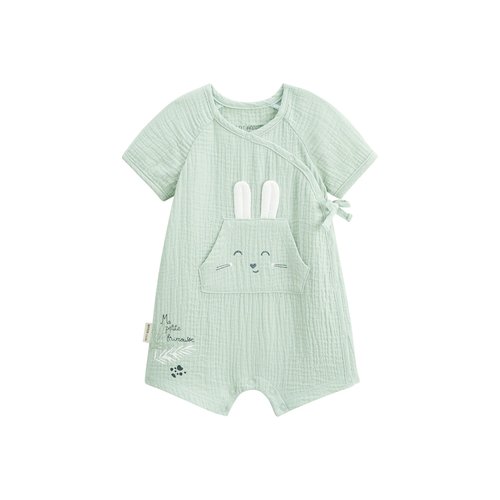 Barboteuse bebe en gaze de coton ouverture croisee frimousse vert Petit Beguin La Redoute