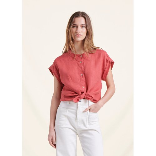 Chemise en lin col mao manches courtes corail La Fee Maraboutee La Redoute