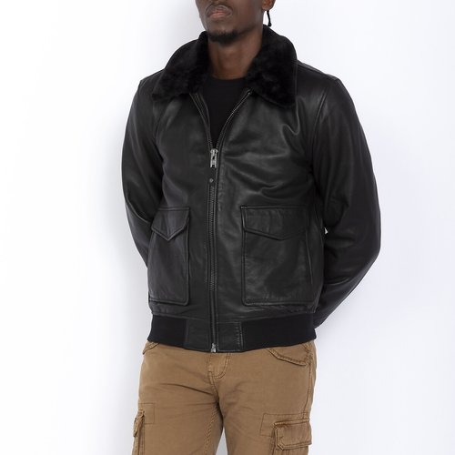 Short mid season jacket in leather black Schott La Redoute