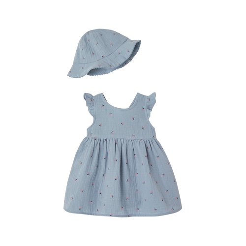Ensemble robe et bob naissance en gaze de coton bleu chambray Vertbaudet La Redoute