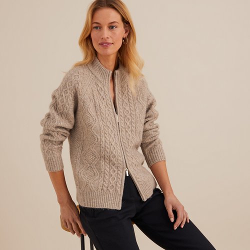 Chunky knit cardigan with high neck beige marl Anne Weyburn La Redoute
