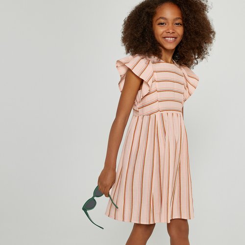 Striped cotton dress with short ruffled sleeves pink striped La Redoute Collections La Redoute