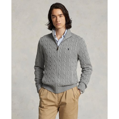 Cotton cable knit cardigan with zip fastening and embroidered logo grey Polo Ralph Lauren La Redoute