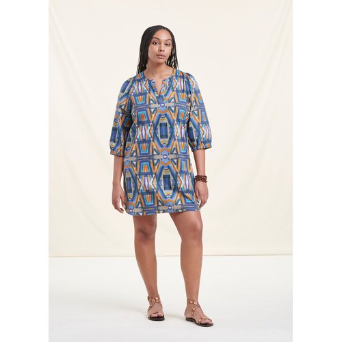Robe courte ample en coton a imprime bleu camel La Fee Maraboutee La Redoute