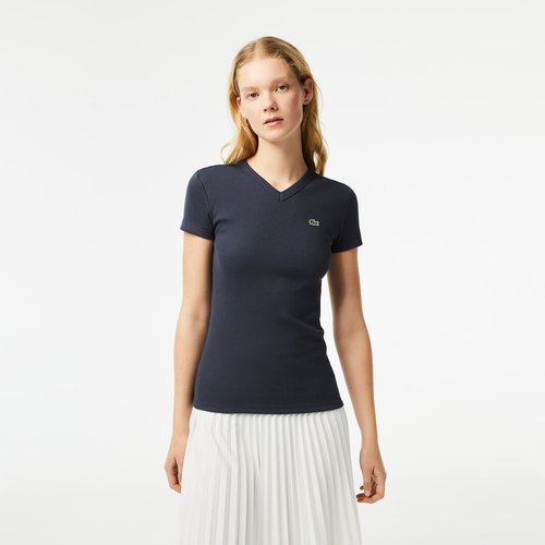 Ribbed Cotton T Shirt with V Neck Slim Fit