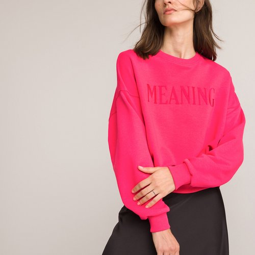 Embroidered slogan sweatshirt in cotton mix fuchsia pink La Redoute Collections La Redoute