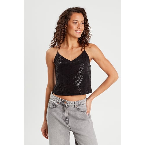 Haut Cache Cache Noir Avec étoiles Argent Et Paillettes - Taille S, Occasion Bon état