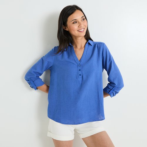 Blouse en coton et lin bleu Grain De Malice La Redoute