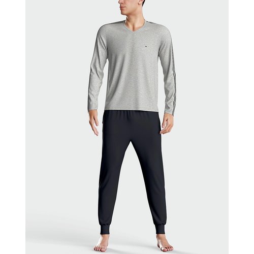Pijama largo cuello de pico de algodon gris jaspeado Eden Park La Redoute