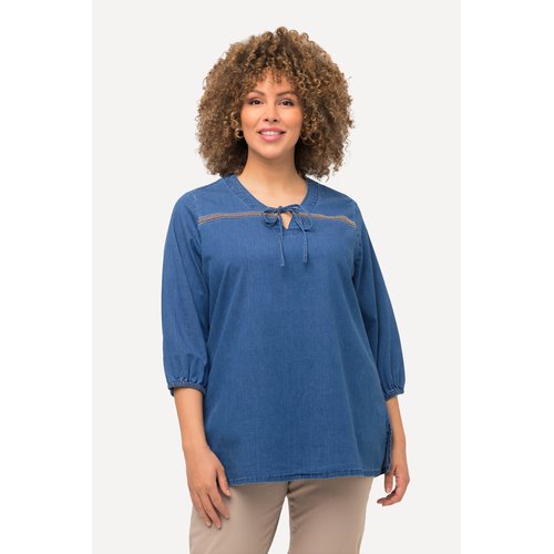 Tunique effet jean a col tunisien et manches bleu clair Ulla Popken La Redoute