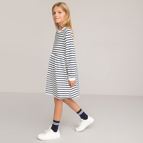 Gestreepte jurk met lange mouwen in molton gestreept marine La Redoute Collections La Redoute