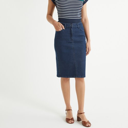 Jupe droite en denim stretch mi longue bleu brut Anne Weyburn La Redoute
