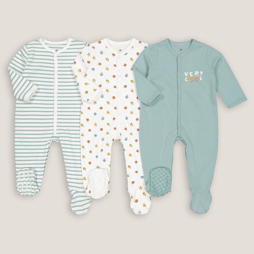 Lot de 3 pyjamas naissance en coto La Redoute Collections raye ecru bleu La Redoute
