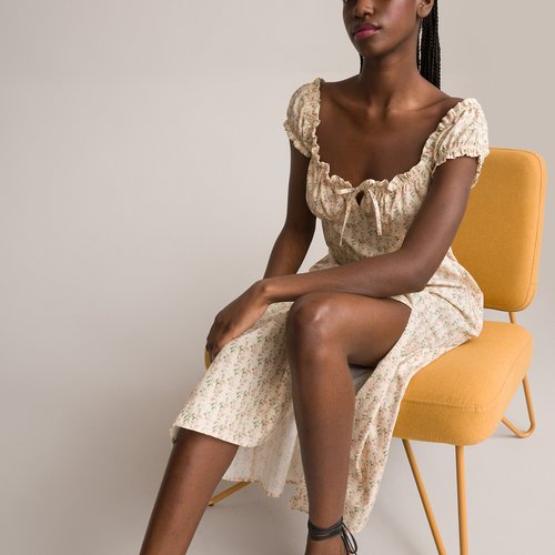 Robe longue col carre imprime fleurs imprime floral ivoire La Redoute Collections La Redoute