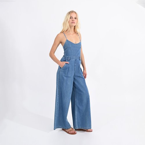 Combinaison longue en jean a fines bretelles bleu denim Molly Bracken La Redoute